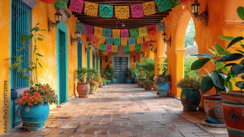 Vibrant Mexican Patio with Colorful Papel Picado Decorations