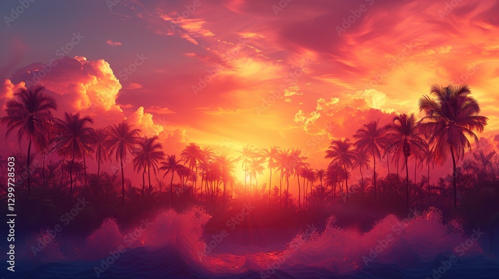 Obraz premium Vibrant Tropical Sunset Silhouette Palm Trees