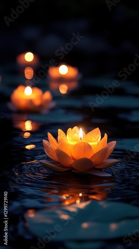 Floating lotus candle lights on dark water at night photo