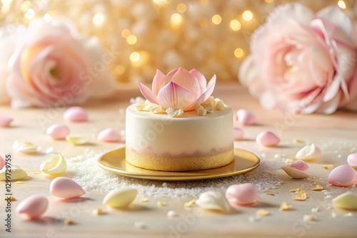 Elegant Mini-Cake Decorated with Delicate Pink Flower and Confetti on Golden Plate