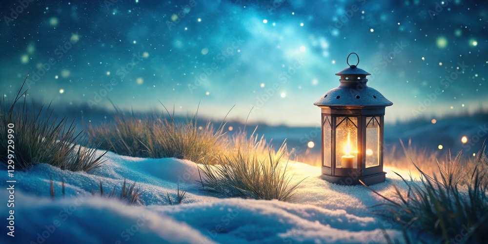 Φωτογραφία A glowing lantern rests in the snow, illuminated by a warm candlelight against a backdrop of a serene winter night sky, creating a magical scene of tranquility and hope