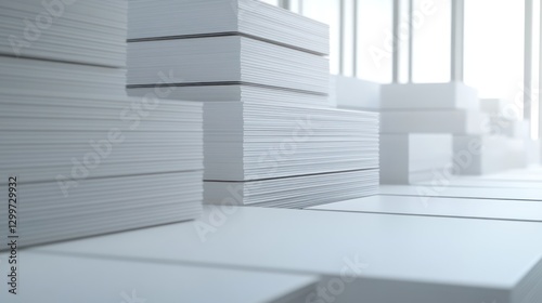 Abstract White Stacks  A Minimalist Composition of Paper or Cardboard Rectangles