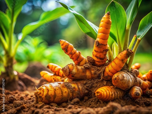 Turmeric Rhizome on Natural Background: Vibrant Orange Spice Root in Organic Setting