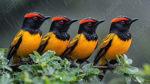 Four colorful birds perched in rain, lush foliage