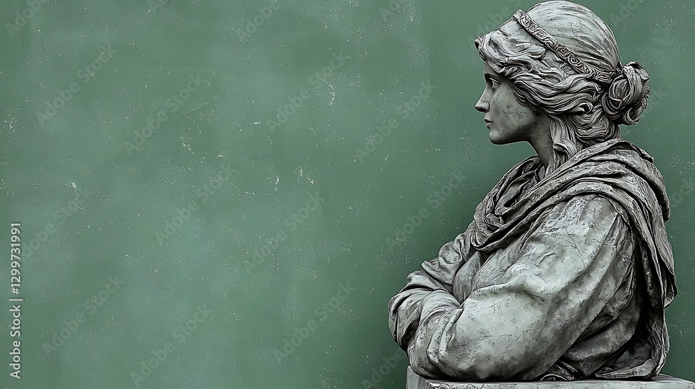 Naklejka premium Statue Profile Stone Woman on Podium, Green Wall