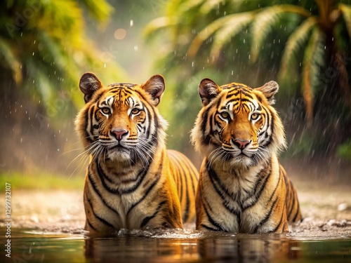 Two Tigers Await in Rain-Soaked Water - World Animal Day