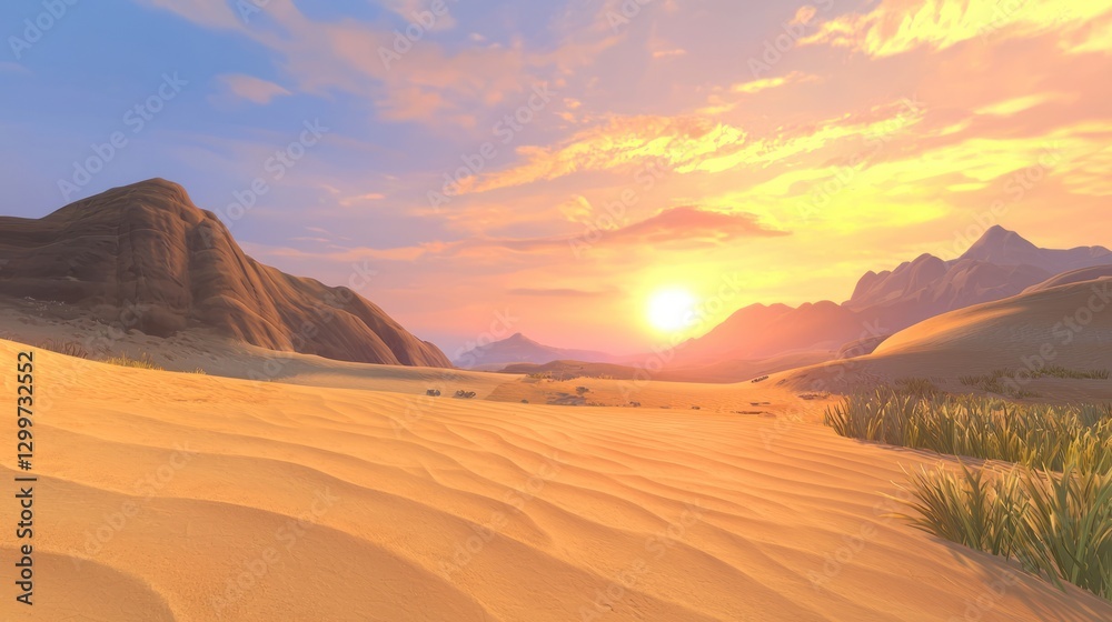 Desert sunset landscape with sand dunes and mountains. Desert sunset landscape with sand dunes and mountains.