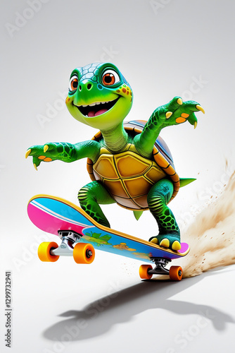 AI Generative. Illustration. Turtle Riding Skateboard for Rapid Growth Motivation, Isolated on White. 3