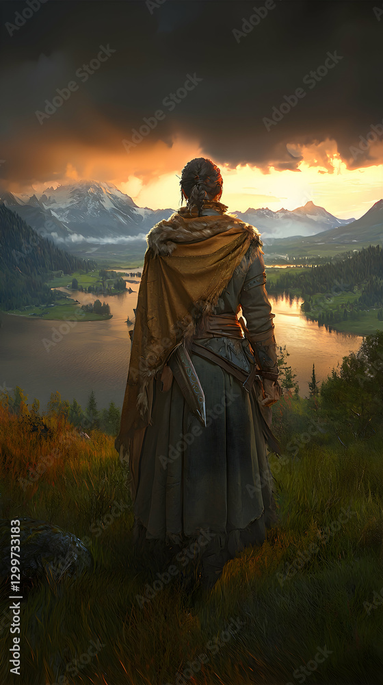 Person in Cloaked Outfit Gazing at Sunset Over Mountain Valley Person in Cloaked Outfit Gazing at Sunset Over Mountain Valley