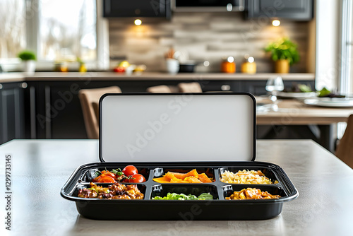 Panoramic view of blank meal prep container on kitchen table with meals.