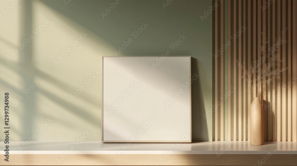 Fototapeta premium A photograph of a large, white, blank frame mockup on a shelf, with a light wood and sage green wall background, in a minimalist style