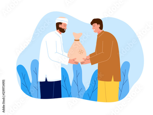 Muslim man giving alms to others Illustration. Moslem illustration. Flat vector illustration concept.