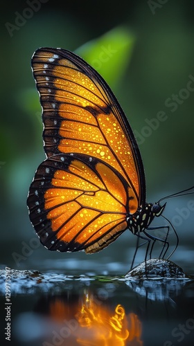 Glowing Butterfly on Water, Forest Background photo