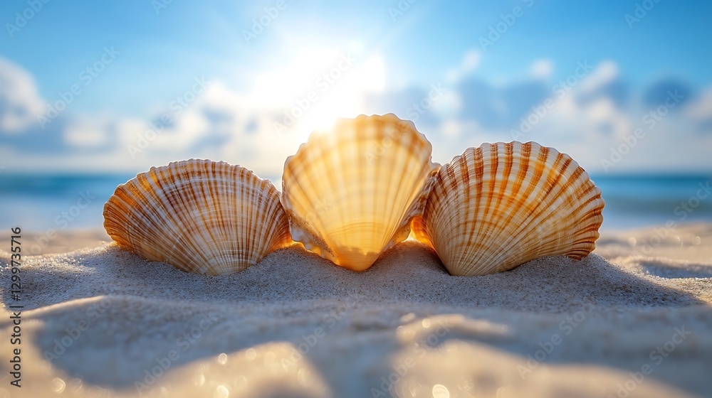 Shells on Beach at Sunset, Summer Holiday Mood Shells on Beach at Sunset, Summer Holiday Mood