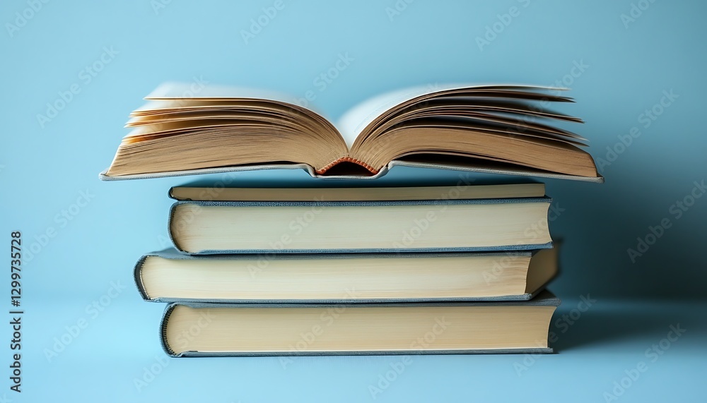 An open book sits atop a stack of three books An open book sits atop a stack of three books