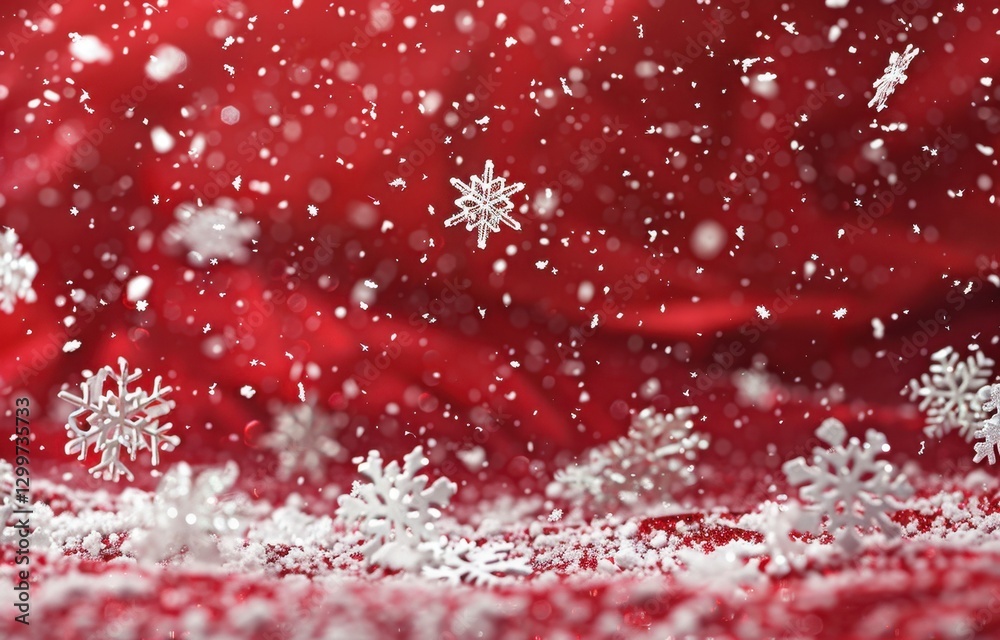 Falling Snowflakes on Red Background Winter Holiday Scene Falling Snowflakes on Red Background Winter Holiday Scene