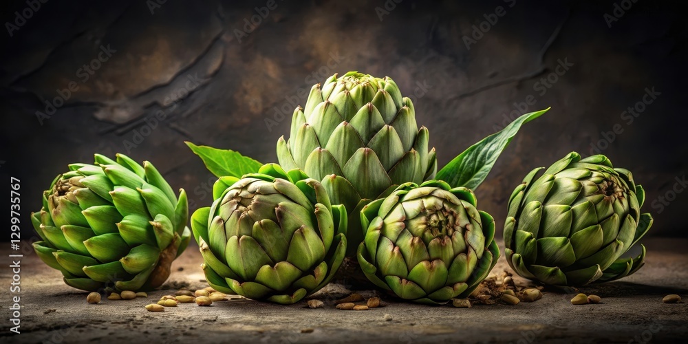 Fototapeta premium A Still Life Featuring Five Vibrant Green Artichokes Arranged on a Rustic Surface with Scattered Seeds