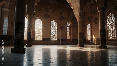 Islamic wallpaper, inside a very old humble Mosque, muslim people doing prayer, a scene of  greatness, Ramadan the holy month, warm ambience, blessing