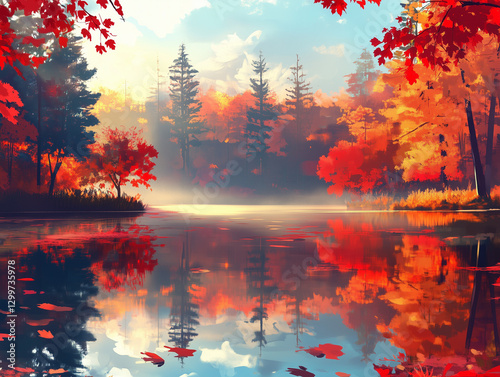 Autumn Mist Rising Over a Serene Lakeside with Maple Trees Reflected