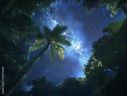 Papaya Trees Standing Tall Under a Starry Night Sky in a Tropical Forest