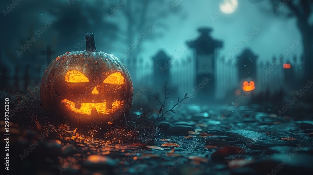 Naklejka premium Glowing Jack O Lantern in a Foggy Graveyard at Night