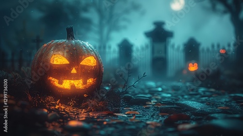 Glowing Jack O Lantern in a Foggy Graveyard at Night photo