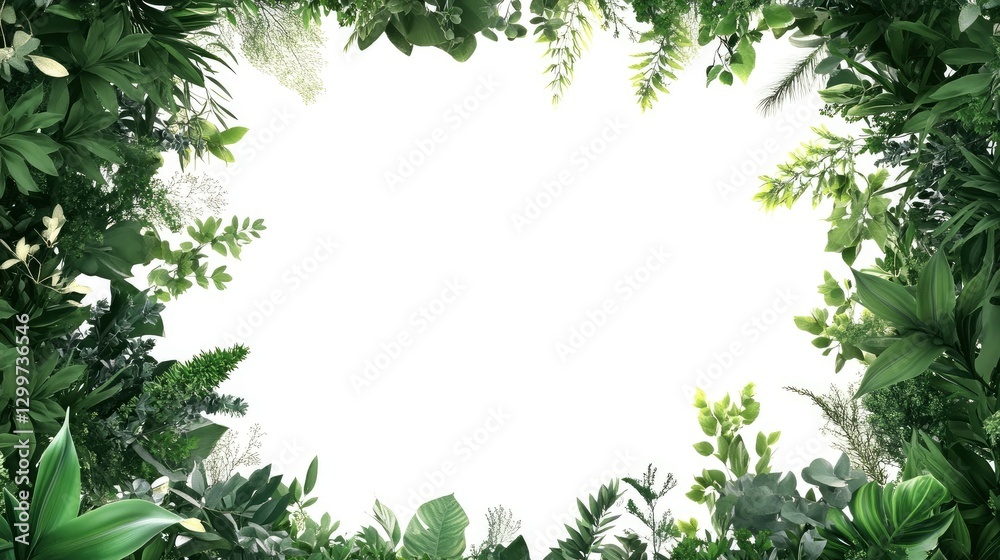 A rectangular frame made of green plants and flowers, with a white background in the center of the picture A rectangular frame made of green plants and flowers, with a white background in the center of the picture