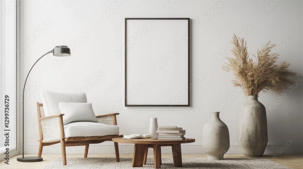 A simple and minimalist interior design featuring an armchair, a coffee table with books, a lamp, and a vase on the wall in front of it A simple and minimalist interior design featuring an armchair, a coffee table with books, a lamp, and a vase on the wall in front of it