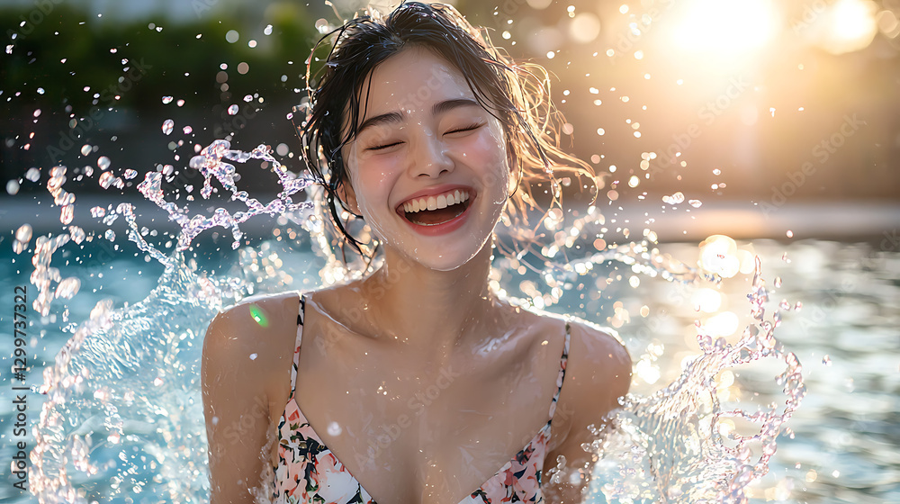 Fototapeta premium A woman is splashing water in a pool and smiling