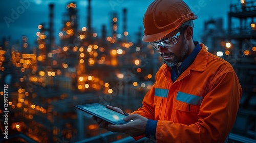 Focused engineer using tablet at illuminated refinery at night.