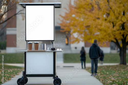 Coffee cart on campus with a vertical blank light box for announcements.