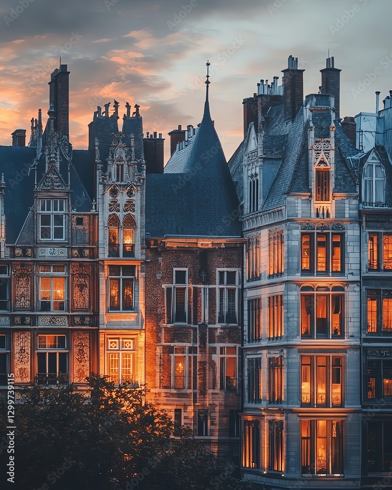 Fototapeta premium Stunning sunset over elegant historic buildings.