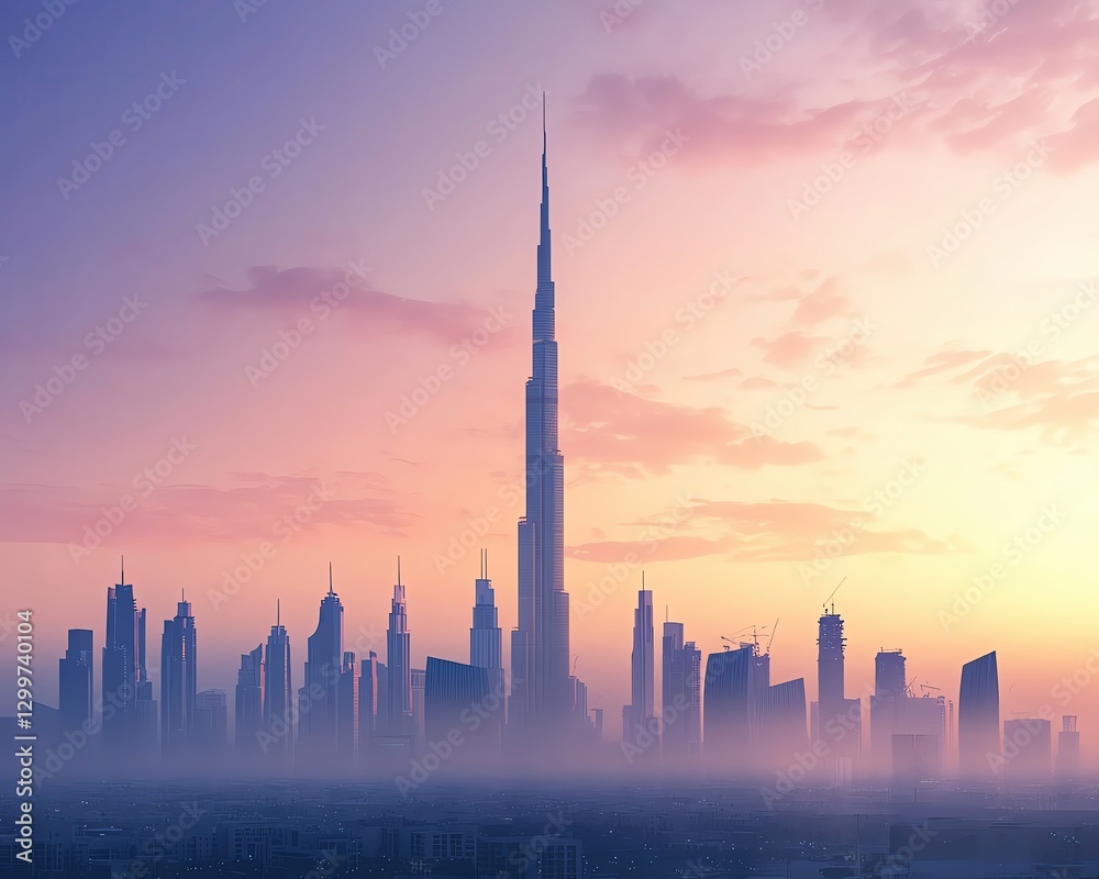 Obraz premium Stunning city skyline at sunrise in mist.