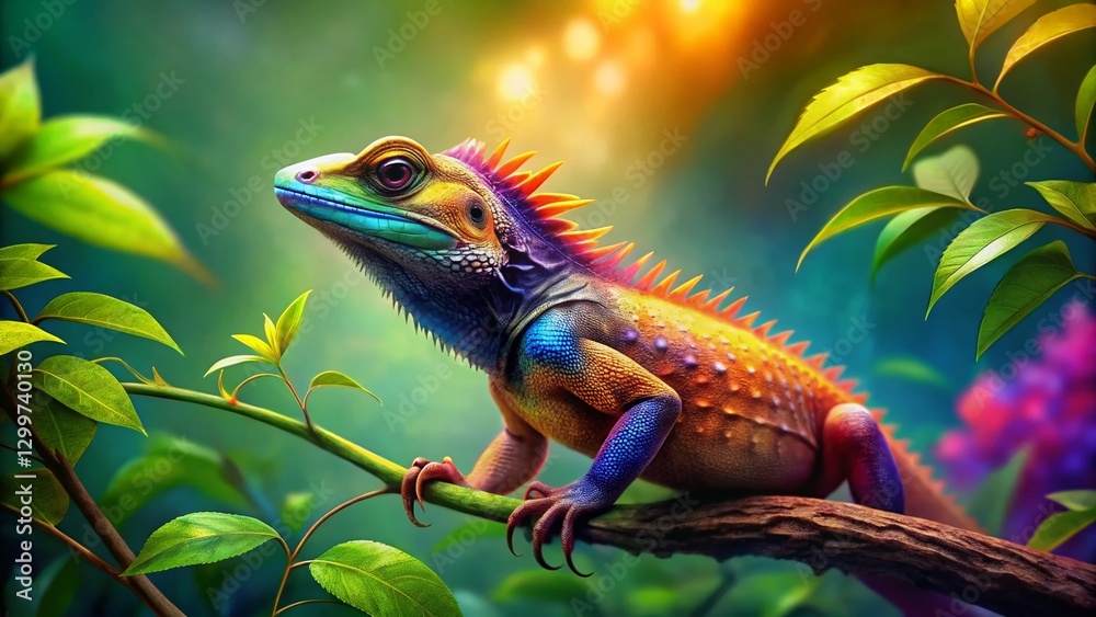 Fototapeta premium Vibrant Digital Painting of a Garden Lizard, Right-Positioned with Copy Space