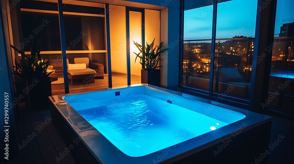 custom made wallpaper toronto digitalIndoor Hot Tub with City View at Night and Plant Decorations