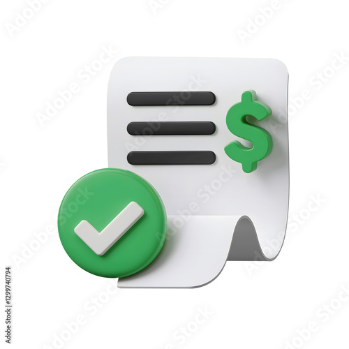3D render of a document with a checkmark and dollar sign. Successful payment concept.