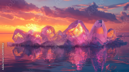 Magical iridescent gems sparkle against a sunset sky creating a dreamy atmospheric scene