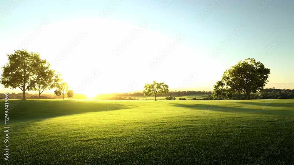 Serene Sunset Over Lush Green Field with Trees Serene Sunset Over Lush Green Field with Trees