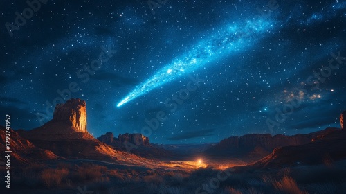 Night sky with comet over desert landscape and rock formations.