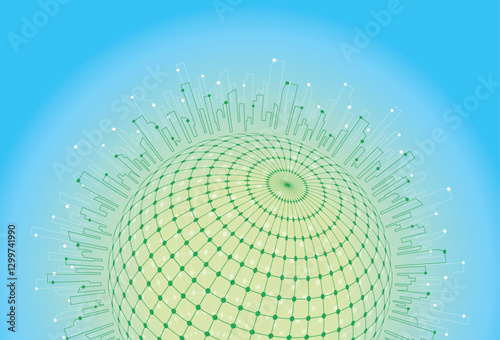 Green Geometric Globe with City Skyline on Blue Gradient Background