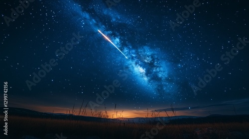 Night sky with Milky Way galaxy, shooting star, and silhouetted grass.