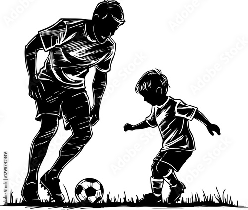 Father and son playing soccer together in the park silhouette outdoor sports family bonding inspirational concept