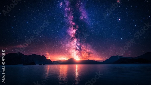 Vibrant Milky Way galaxy rising over a serene lake at sunset, mountains in the background.