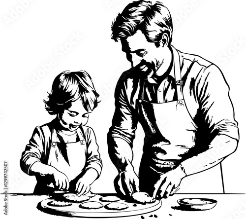 Father and child baking cookies together in the kitchen family activity culinary fun cozy atmosphere heartwarming moments