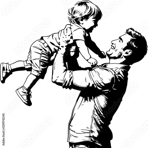 Father playfully lifts son above his head park setting digital illustration joyful family moment upbeat perspective