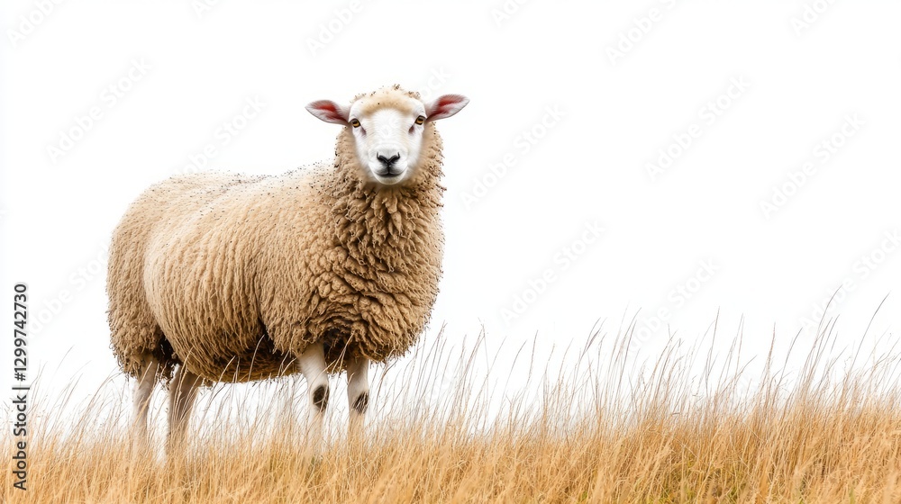 Fototapeta premium Meadow Sheep Isolated View with Sheep with White