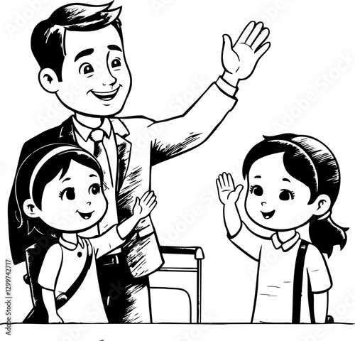 Family farewell gesture home illustration indoor close-up bonding moment