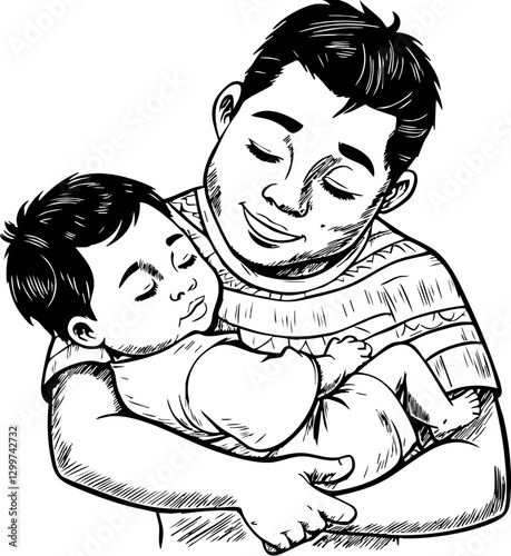 Father holding sleeping baby home setting illustration warm atmosphere intimate viewpoint family love concept