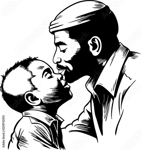 Heartwarming moment between father and child home black and white illustration intimate close-up love and bonding