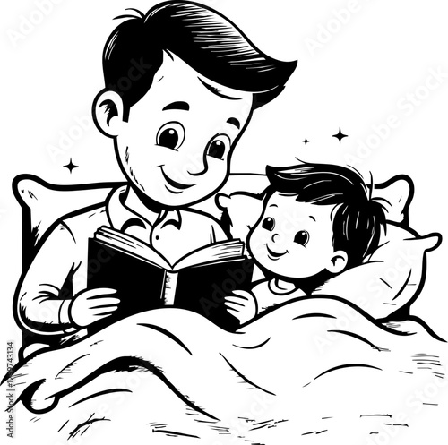 Reading bedtime stories to child cozy bedroom illustration warm atmosphere close-up family bonding
